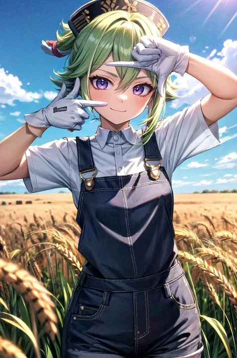 (masterpiece, best quality, detailed), 1girl, solo, looking at viewer, kuki_shinobu, ponytail, hair between eyes, hair ornament, medium breasts,
overalls, short sleeves, white gloves, cabbie hat, white shirt, outdoors, wheat, wheat field, sky, cloud, <lora:finger_frame_final:1>, finger frame, smile, closed mouth