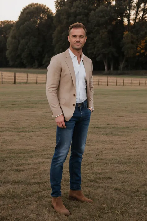(full length shot) photo of matthew_bosch standing on a farm <lora:matthew_bosch-07:0.75>, wearing well-fitted smart casual clothes, wearing earth-toned , crisp white shirt, blazer, dark denim jeans, stylish sturdy boots, respectful and grounded mood, soft early morning light, warm glow, dawn