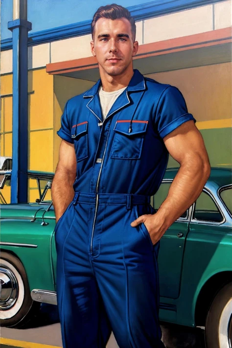matthew_bosch <lora:matthew_bosch-05:0.85> high definition, high contrast, high saturation, highly detailed, high quality, masterpiece, volumetric light, vibrant colors, exquisite illustration. In the style of (norman rockwell), 1950s gasstation, mechanic, jumpsuit relaxed confident expression