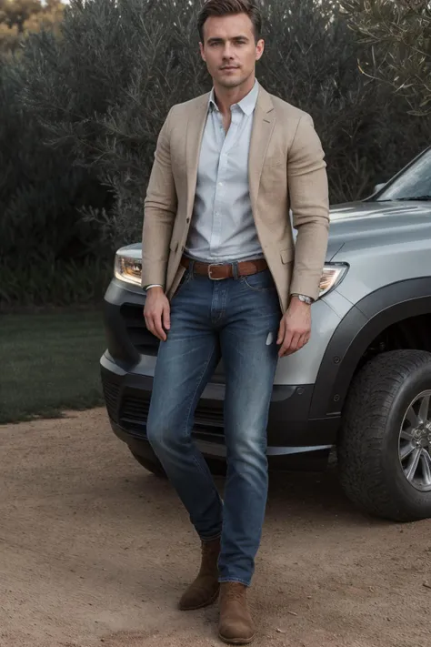 (full length shot) photo of matthew_bosch standing on a farm <lora:matthew_bosch-07:0.75>, wearing well-fitted smart casual clothes, wearing earth-toned , (unbuttoned) crisp white shirt, blazer, dark denim jeans, stylish sturdy boots, respectful and grounded mood, soft early morning light, warm glow of dawn, extremely high quality RAW photograph, detailed background, intricate, Exquisite details and textures, highly detailed, ultra detailed photograph, warm lighting, 4k, sharp focus, high resolution, detailed skin, detailed eyes, 8k uhd, dslr, high quality, film grain,