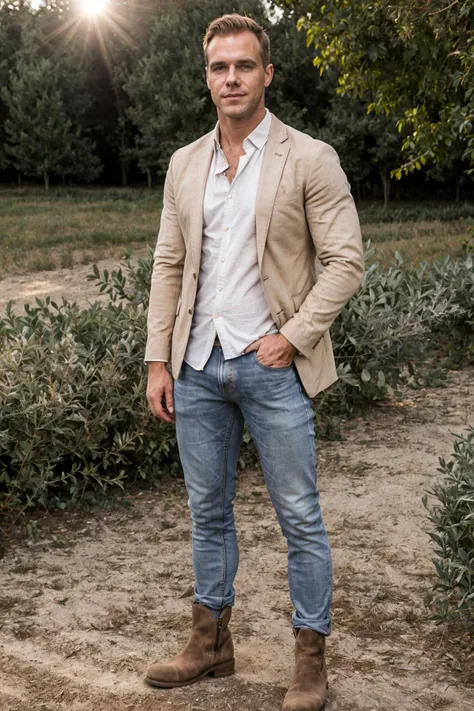 (full length shot) photo of matthew_bosch standing on a farm <lora:matthew_bosch-07:0.75>, wearing well-fitted smart casual clothes, wearing earth-toned , (unbuttoned) crisp white shirt, blazer, dark denim jeans, stylish sturdy boots, respectful and grounded mood, soft early morning light, warm glow of dawn