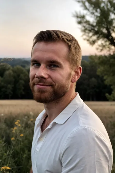 (closeup) portrait of matthew_bosch contemplatively gazing towards the horizon where the sky meets the golden fields wearing crisp white shirt, rolled up sleeves, contemplative, hopeful, and forward-looking mood, <lora:matthew_bosch-07:0.75>, heartland beauty, rustic and serene, blurred background, the soft glow of dawn, strong, approachable, rich evocative background, optimistic and determined, hopeful, (sharp focus), (soft lighting), vibrant colors