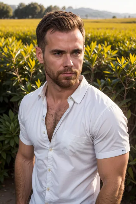 (closeup) portrait of matthew_bosch contemplatively gazing towards the horizon where the sky meets the golden fields wearing (unbuttoned) crisp white shirt, rolled up sleeves, contemplative, hopeful, and forward-looking mood, <lora:matthew_bosch-07:0.75>, heartland beauty, rustic and serene, blurred background, the soft glow of dawn, strong, approachable, rich evocative background, optimistic and determined, hopeful