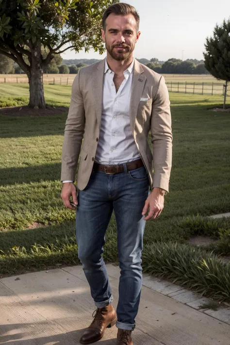 (full length shot) photo of matthew_bosch standing on a farm <lora:matthew_bosch-07:1>, wearing well-fitted smart casual clothes, wearing earth-toned , (unbuttoned) crisp white shirt, blazer, dark denim jeans, stylish sturdy boots, respectful and grounded mood, soft early morning light, warm glow of dawn