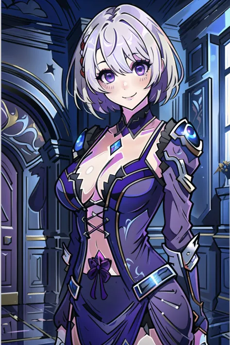 masterpiece, ((best quality)), ((highly detailed)),((detailed eyes, deep eyes)), (1girl:1.4), (( tight  tiny waist:1.2)) Mio xenoblade chronicles, short hair, bangs, , hair between eyes, ((white hair)), ((in a purple dress standing in a room), edgdeathknight:1.2, supermodel, excited, smiling,  <lora:mioXenobladeLora_1:.8> <lora:DeathKnightBallGown:0.8>