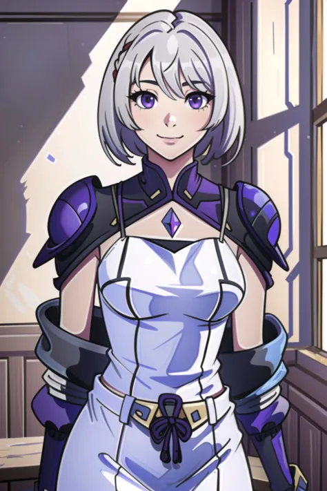 masterpiece, ((best quality)), ((highly detailed)),((detailed eyes, deep eyes)), (1girl:1.4), ((from behind tight ass tiny waist:1.2)) Mio xenoblade chronicles, short hair, bangs, , hair between eyes, ((white hair)), in a purple dress standing in a room, edgdeathknight, looking at viewer, supermodel, tiny waist, excited, smiling, <lora:mioXenobladeLora_1:.8> <lora:DeathKnightBallGown:.8>