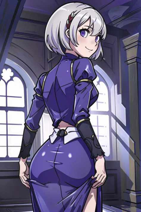 masterpiece, ((best quality)), ((highly detailed)),((detailed eyes, deep eyes)), (1girl:1.4), ((from behind tight ass tiny waist:1.2)) Mio xenoblade chronicles, short hair, bangs, , hair between eyes, ((white hair)), ((in a purple dress standing in a room), edgdeathknight:1.2, supermodel, excited, smiling,  <lora:mioXenobladeLora_1:.8> <lora:DeathKnightBallGown:0.8>