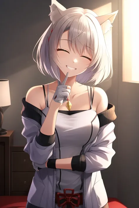 (extremely detailed CG unity 8k wallpaper), (masterpiece), (best quality), (ultra-detailed), (best illustration),(best shadow), (an extremely delicate and beautiful), finely detail,
mio \(xenoblade\), 1girl, animal ears, bare shoulders, grey hair, braid, fingerless gloves, gloves, jacket, off shoulder, short hair, solo, white gloves, yellow eyes,, cowboy shot, head tilt, grin, closed eyes, 
indoors, bedroom, light rays, ambient light