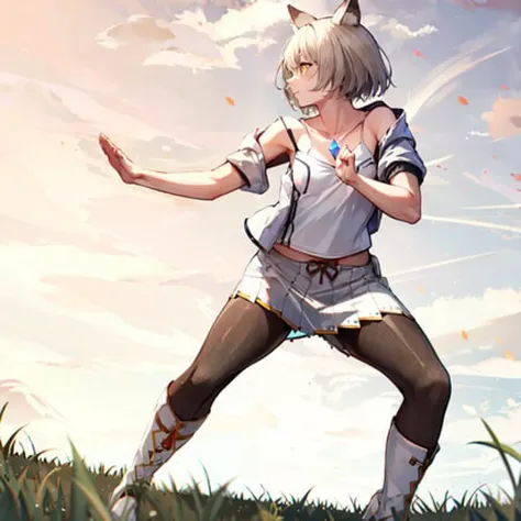 masterpiece, best quality, absurdres, 1girl, mio \(xenoblade\), looking away, open hands. open palms, fighting stance, animal ears , black pantyhose, boots, breasts, camisole, chest jewel, closed mouth, grey hair, jacket, knee boots, outdoors, pantyhose, short hair, shoulder strap, skirt, small breasts, tank top, white camisole, white footwear, white jacket, white skirt, white tank top, yellow eyes, grass, sky, montains in the background , <lora:mioXenobladeLora_1:0.6>