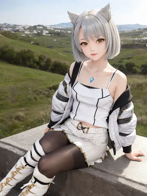 8k wallpaper, {{{masterpiece}}},mio \(xenoblade\), 1girl, ,(hands behind back),animal ears , black pantyhose, boots, breasts, camisole, chest jewel, grey hair, jacket, knee boots, pantyhose, short hair, shoulder strap, skirt, small breasts, tank top, white camisole, white footwear, white jacket, white skirt, white tank top, yellow eyes,outdoors
