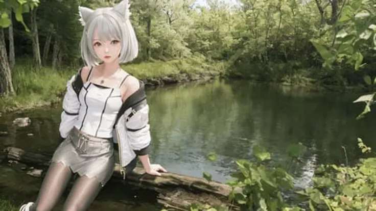 {an extremely delicate and beautiful girl}, 8k wallpaper, {{{masterpiece}}},mio \(xenoblade\), 1girl, animal ears , black pantyhose, boots, breasts, camisole, chest jewel, grey hair, jacket, knee boots, pantyhose, short hair, shoulder strap, skirt, small breasts, tank top, white camisole, white footwear, white jacket, white skirt, white tank top, yellow eyes,outdoors