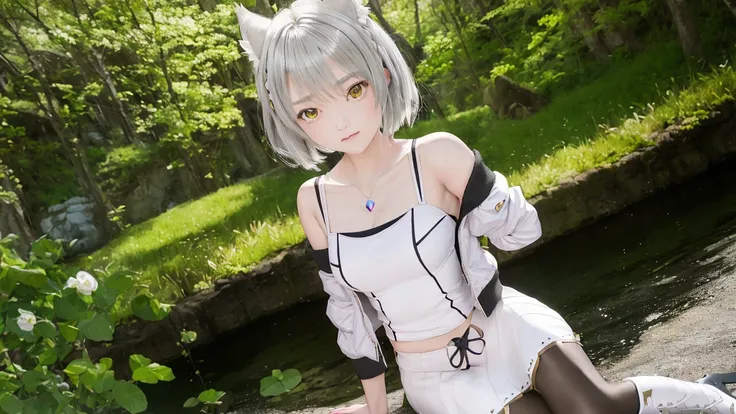 {an extremely delicate and beautiful girl}, 8k wallpaper, {{{masterpiece}}},mio \(xenoblade\), 1girl, animal ears , black pantyhose, boots, breasts, camisole, chest jewel, closed mouth, grey hair, jacket, knee boots, pantyhose, short hair, shoulder strap, skirt, small breasts, tank top, white camisole, white footwear, white jacket, white skirt, white tank top, yellow eyes,sunny,midday,nature