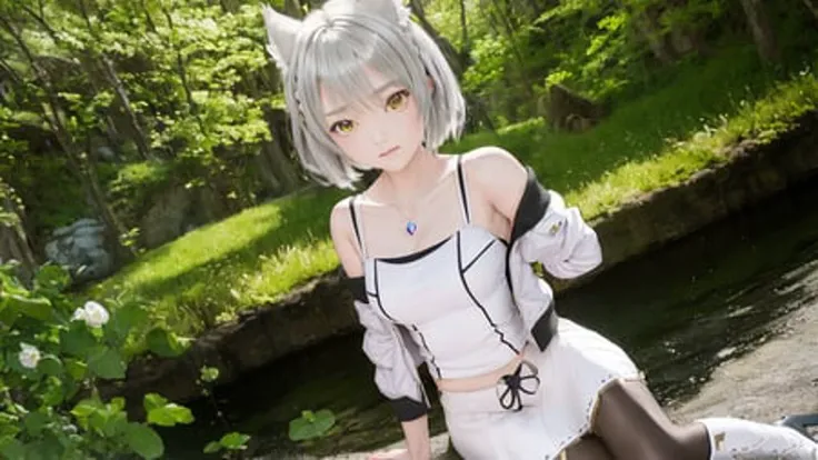 {an extremely delicate and beautiful girl}, 8k wallpaper, {{{masterpiece}}},mio \(xenoblade\), 1girl, animal ears , black pantyhose, boots, breasts, camisole, chest jewel, closed mouth, grey hair, jacket, knee boots, pantyhose, short hair, shoulder strap, skirt, small breasts, tank top, white camisole, white footwear, white jacket, white skirt, white tank top, yellow eyes,sunny,midday,nature
