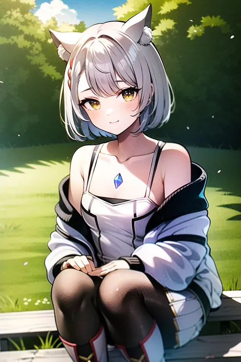 mio \(xenoblade\),
1boy, 1girl, animal ears , black pantyhose, boots, breasts, camisole, chest jewel, closed mouth, grey hair, jacket, knee boots, outdoors, pantyhose, short hair, shoulder strap, skirt, small breasts, tank top, white camisole, white footwear, white jacket, white skirt, white tank top, yellow eyes,
<lora:mio:0.6>