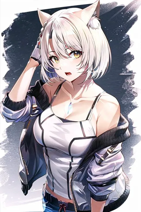 mio \(xenoblade\),
1girl, animal ears, bare shoulders, grey hair, braid, breasts, fingerless gloves, gloves, jacket, looking at viewer, off shoulder, open mouth, short hair, solo, white gloves, yellow eyes,
<lora:mio:0.6>