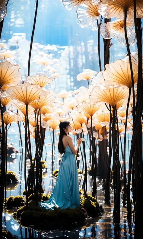 wide shot, blurry background, bokeh,dark, night, depth ffield,(blue theme:1.3),
1girl, solo,from behind, facing away,fantasy, water drop,
At the seashore, the horizon where water meets the sky, 1 girl, tranquil, cosplay, Mermaid Princess, sitting on a rock, cascading waves, flowing hair, shimmering scales, adorned with seashells, mesmerizing gaze, turquoise eyes, subtle makeup, curvaceous figure, wearing a pearl-studded tiara, flowing sea-blue gown, barefoot in the sand, gentle breeze, seagulls soaring above, golden sunlight, peaceful atmosphere,
glowing,flower,holding, outdoors, scenery,
reflection, water, ripples, light particles,
forest, bare tree, silhouette,
<lora:~Q?-h^{hg:0.95>