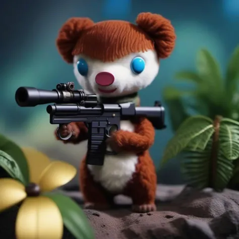 cinematic photo a stuffed animal holds a gatling gun, war, blood, jungle, helicopters <lora:Colargol1024:0.9> . 35mm photograph, film, bokeh, professional, 4k, highly detailed