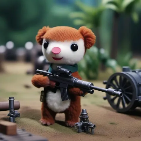 cinematic photo a stuffed animal holds a gatling gun, war, blood, jungle, helicopters <lora:Colargol1024:0.9> . 35mm photograph, film, bokeh, professional, 4k, highly detailed