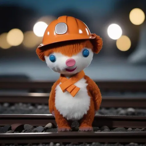 cinematic photo a stuffed animal wears an orange hardhat, railroad <lora:Colargol1024:0.9> . 35mm photograph, film, bokeh, professional, 4k, highly detailed