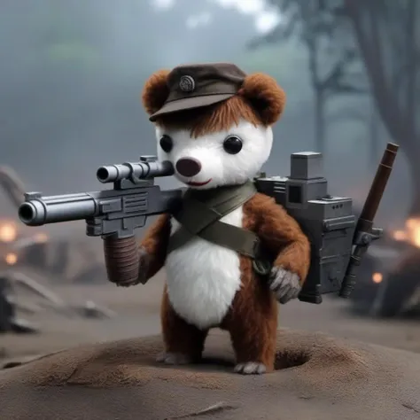 Dystopian style a stuffed animal holds a gatling gun, war, blood, jungle, helicopters <lora:Colargol1024:0.9> . Bleak, post-apocalyptic, somber, dramatic, highly detailed