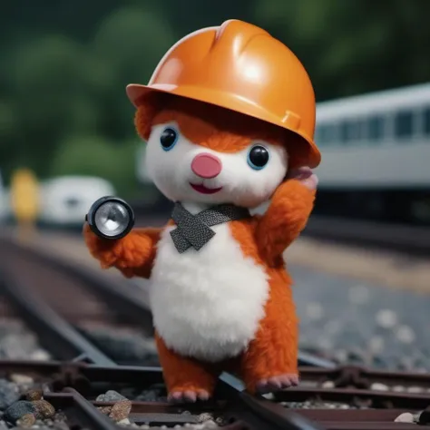 cinematic photo a stuffed animal wears an orange hardhat, railroad <lora:Colargol1024:0.9> . 35mm photograph, film, bokeh, professional, 4k, highly detailed