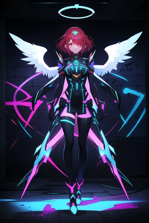 1girl, pyra \(xenoblade\), xenoblade chronicles \(series\), (xenoblade chronicles 2), standing, full body, slim body, armor, red hair, red eyes, <lora:mythra_pyra_pneuma-000050:0.4>, ((masterpiece)), (best quality), 8k, ultra-detailed, absurdress, best quality, intricate details, chromatic aberration, 1girl, long hair, black hair, messy hair, red highlights, hair over one eye, red eyes, sharp eyes,angel, halo over head, angel wings, against wall, brick wall, graffiti, (glowing graffiti:1.2), (glowing tattoos1.1), glow, neon lights, (blacklight:1.4), <lora:blacklight:1.3>