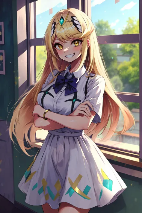 masterpiece,best quality,1girl,mythra \(xenoblade\),blonde hair,long hair,yellow eyes,white dress,wide hips,grin,standing,crossed arms,(leaning on window),indoors,school corridor,looking at viewer,<lora:CHAR-Xenoblade-mythra_pyra_pneuma 3in1-000050-Lykon:0.5>,