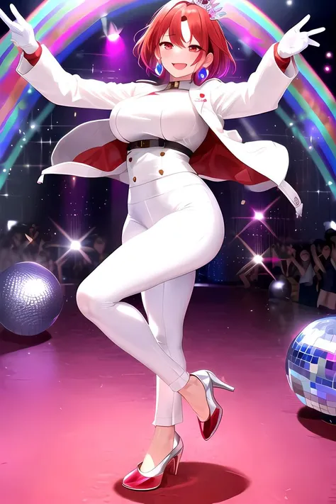 1girl, white pants, (((disco pants))),  (((flared trousers))), (((jacket))), white jacket, close  jacket, bangs, breasts, red eyes, smile, happy,  earrings, eyelashes,  floating hair, gem, white gloves, hair ornament, jewelry, large breasts, dancing, leotard,  pose, ((intensed red hair)), saitou masatsugu, short hair,  skin tight, solo, standing, swept bangs, thighhighs, tiara, disco background, (((rainbow disco floor))), underbust,  (((disco ball))),  from above, full body, disco ambient,
<lora:mythra_pyra_pneuma-000042:0.1>