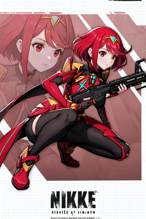 1girl, IncrsNikkeProfile, <lora:NikkeProfile:1>, full body, zoom layer, holding weapon, holding gun, one knee, Pyra \(xenoblade\), Pyra:1.2, red hair, red eyes, short hair, <lora:Char_Xenoblade_PyraMythraPneuma:0.5>