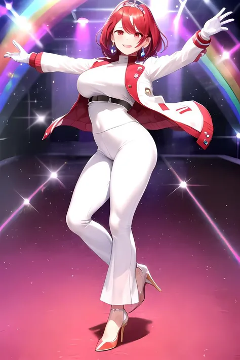 1girl, white pants, (((disco pants))), (((flared pants))), (((jacket))), white jacket, close jacket, bangs, breasts, red eyes, smile, happy, earrings, eyelashes, floating hair, gem, white gloves, hair ornament, jewelry, large breasts, dancing, leotard, 70's disco pose, ((intensed red hair)), saitou masatsugu, short hair, skin tight, solo, standing, swept bangs, thighhighs, tiara, disco background, (((rainbow disco floor))), underbust, (((disco ball))), from above, full body, disco ambient, 1970s \(style\),
<lora:mythra_pyra_pneuma-000042:0.1>