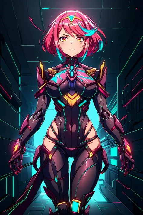 at a cybernetic prosthesis clinic, state-of-the-art limb replacements, neural-controlled prosthetics, enhanced mobility, pyra \(xenoblade\), <lora:mythra_pyra_pneuma-000050:0.6>, looking down, detailed background, detailed face, (<lora:CyberPunkAI:0.6>, neon, CyberpunkAI), cyberware, intense expression, dynamic pose, colorful, mosaic, epic atmosphere, sfw, <lora:add_detail:0.3>