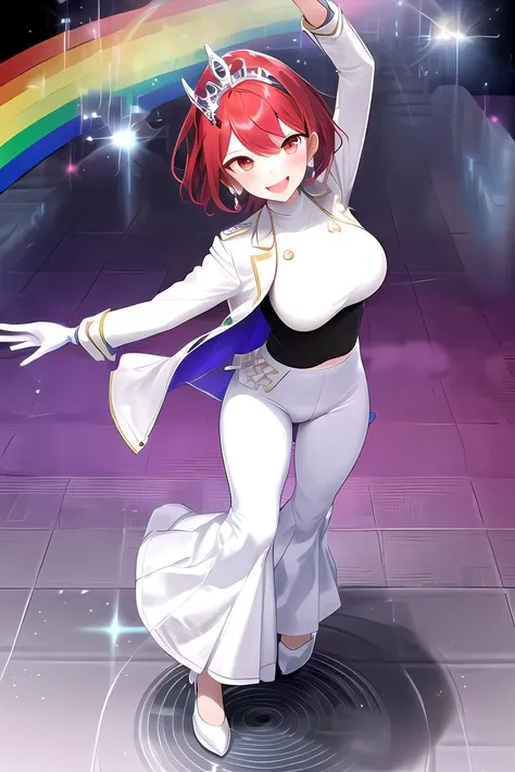 1girl, white pants, (((disco pants))), (((flared trousers:1.5))), (((jacket))), white jacket, (close jacket), bangs, breasts, red eyes, smile, happy, earrings, eyelashes, floating hair, gem, white gloves, hair ornament, jewelry, large breasts, dancing, leotard, pose, ((intensed red hair)), saitou masatsugu, short hair, skin tight, solo, standing, swept bangs, thighhighs, tiara, disco background, (((rainbow disco floor))), underbust, (((disco ball))), from above, full body, disco ambient, blowing smoke, smoke in the floor,
<lora:mythra_pyra_pneuma-000042:0.1>