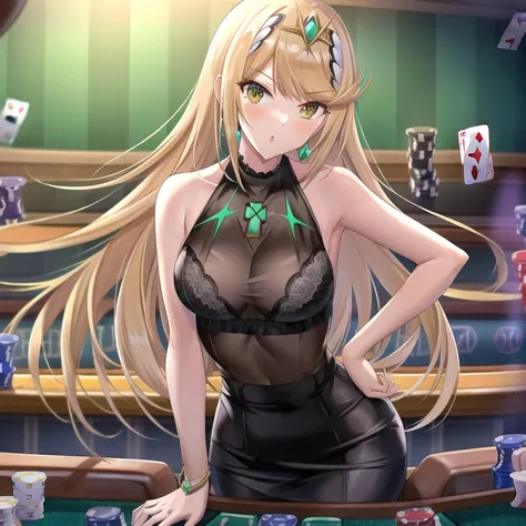((highres)), ((masterpiece)), ((medium breasts)), 1girl, mythra \(xenoblade\), poker chip, poker table, poker, playing card