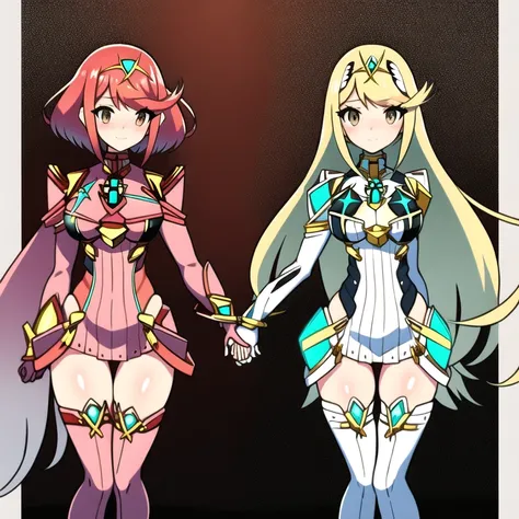 Masterpiece, best quality,Pretty face, anime, small breasts, standing,solo,torso, <lora:pyraMythraPneuma_50Epochs:.4>,{pyra \(xenoblade\) and mythra \(xenoblade\) holding hands, asymmetrical docking,