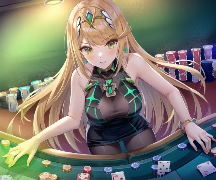 ((highres)), ((masterpiece)), ((medium breasts)), 1girl, mythra \(xenoblade\), poker chip, poker table, poker, playing card