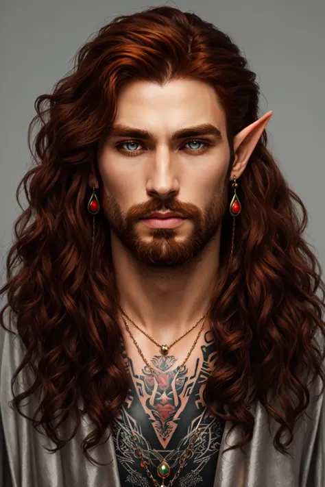 Tanis Half-Elven, solo, looking at viewer, pointy ears, half-elf, auburn hair, long hair, curly hair, 1boy, jewelry, cape, upper body, male focus, earrings, necklace, grey eyes, tattoo, facial hair, portrait, beard, mature male, brown tunic, fantasy painting, <lora:Tanis_HalfElven:0.5>