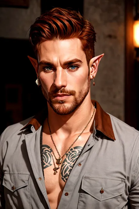 Tanis Half-Elven, solo, looking at viewer, pointy ears, half-elf, auburn hair, shirt, 1boy, jewelry, jacket, upper body, male focus, earrings, necklace, grey eyes, tattoo, facial hair, portrait, beard, mature male,brown shirt, <lora:Tanis_HalfElven:0.4>