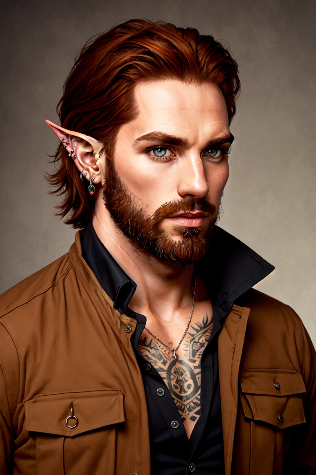 Tanis Half-Elven, solo, looking at viewer, pointy ears, half-elf, auburn hair, shirt, 1boy, jewelry, jacket, upper body, male focus, earrings, necklace, grey eyes, tattoo, facial hair, portrait, beard, mature male,brown shirt, <lora:Tanis_HalfElven:0.4>