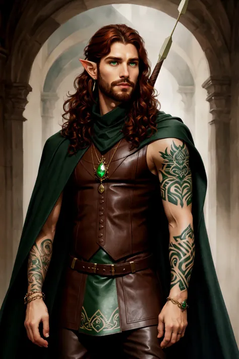 Tanis Half-Elven, solo, looking at viewer, pointy ears, half-elf, auburn hair, long hair, curly hair, 1boy, jewelry, cape,  male focus, earrings, necklace, grey eyes, tattoo, facial hair, portrait, beard, mature male, brown tunic, fantasy painting, leather pants, cloak, green headband, bro and arrow, elf ranger, <lora:Tanis_HalfElven:0.5>