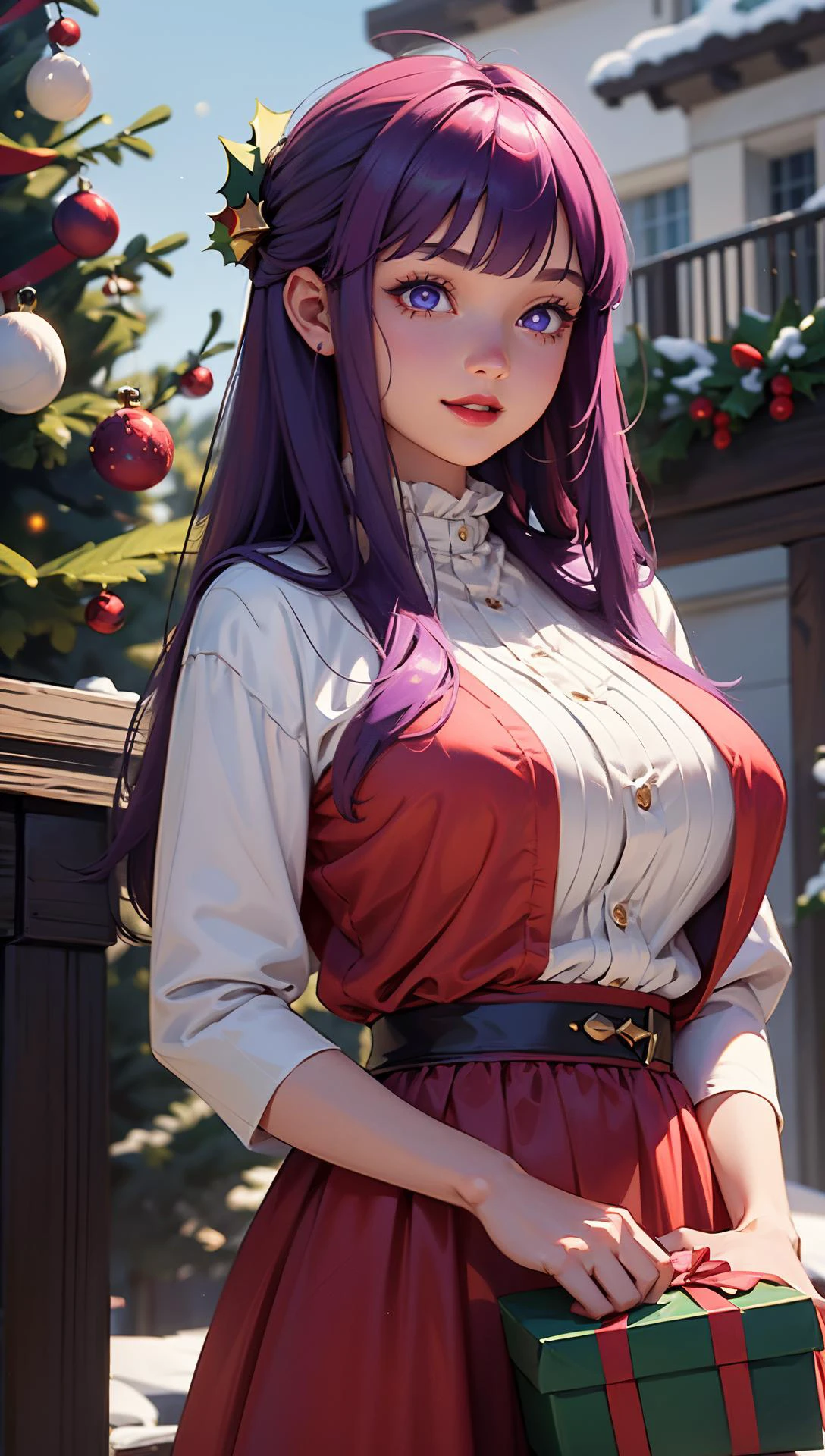 (8K, Masterpiece, RAW photo, Best quality, detail:1.2), Photorealistic, Extremely detailed Cg Unity 8K wallpaper, Depth of field, Cinematic light, Lens flare, Ray tracing, (Extremely beautiful face, Beautiful lips, Beautiful eyes), intricate detail face, ((ultra detailed skin)),1girl, <lora:CHAR-Fern:1> FernFrieren, purple hair, purple eyes, (purple pupils), very long hair, wide hips, large breasts, ((christmas clothes:1.2)), parted bangs, smirk, smile, laughing, Santa Claus costume, bag full of gift, christmas tree,