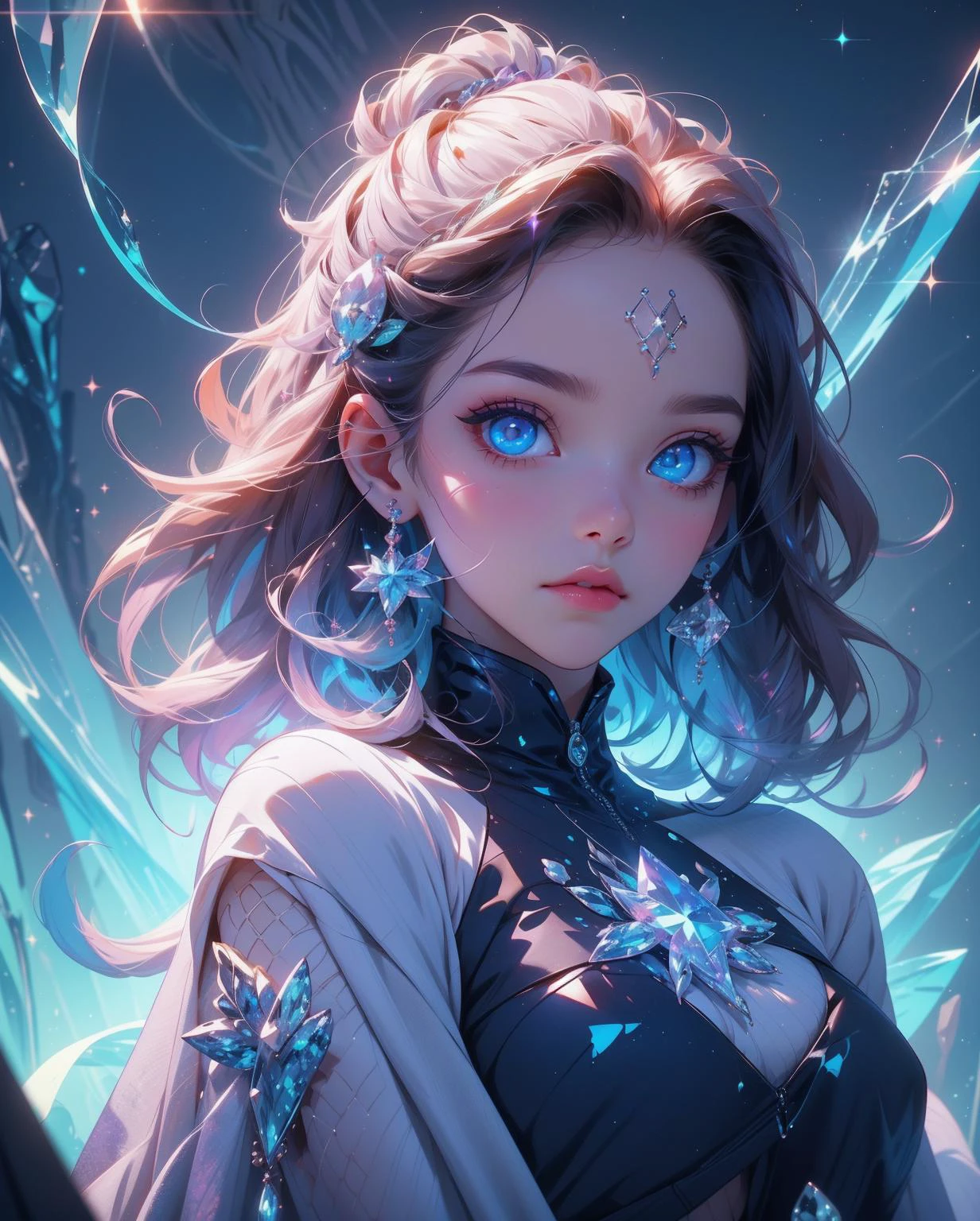 A girl in space captivates with her ((heterochromatic eyes)), each iris displaying a unique and enchanting color combination. Her eyes shimmer like celestial gems, reflecting the wonders of the cosmos. The illustrative style takes inspiration from the ethereal works of Jasmine Becket-Griffith, known for her enchanting and fantastical character illustrations. The color palette combines celestial shades of blues, purples, and hints of stardust-like glimmers. The camera angle captures the girl in a contemplative gaze, highlighting the mesmerizing beauty of her heterochromatic eyes amidst the vastness of space., niji style