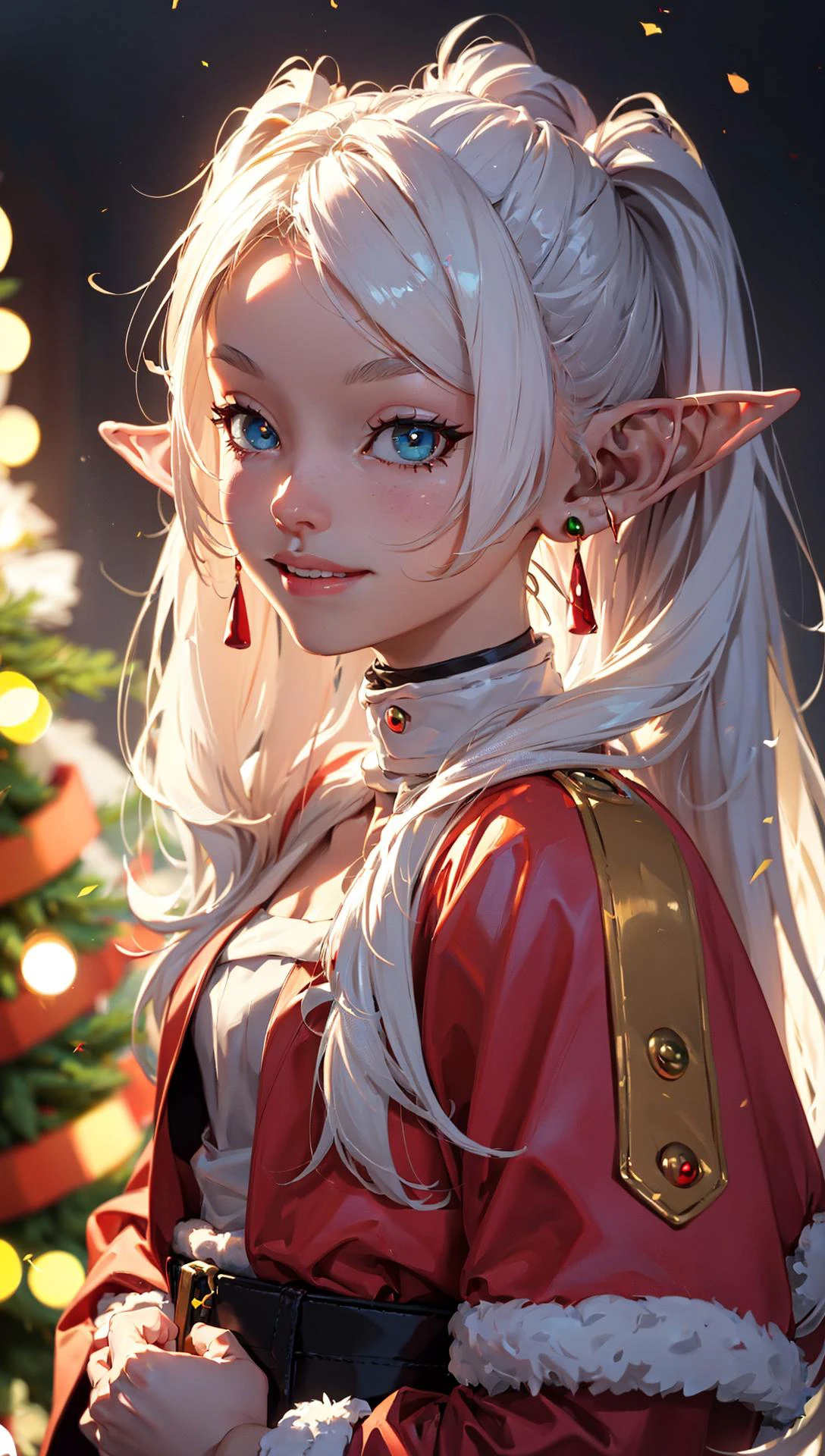 (8K, Masterpiece, RAW photo, Best quality, detail:1.2), Photorealistic, Extremely detailed Cg Unity 8K wallpaper, Depth of field, Cinematic light, Lens flare, Ray tracing, (Extremely beautiful face, Beautiful lips, Beautiful eyes), intricate detail face, ((ultra detailed skin)),1girl, <lora:frieren-10:1>, frieren, 1girl, long hair, pointy ears, twintails, jewelry, elf, earrings, ((christmas clothes:1.2)), parted bangs, smirk, smile, laughing, Santa Claus costume, bag full of gift, christmas tree,