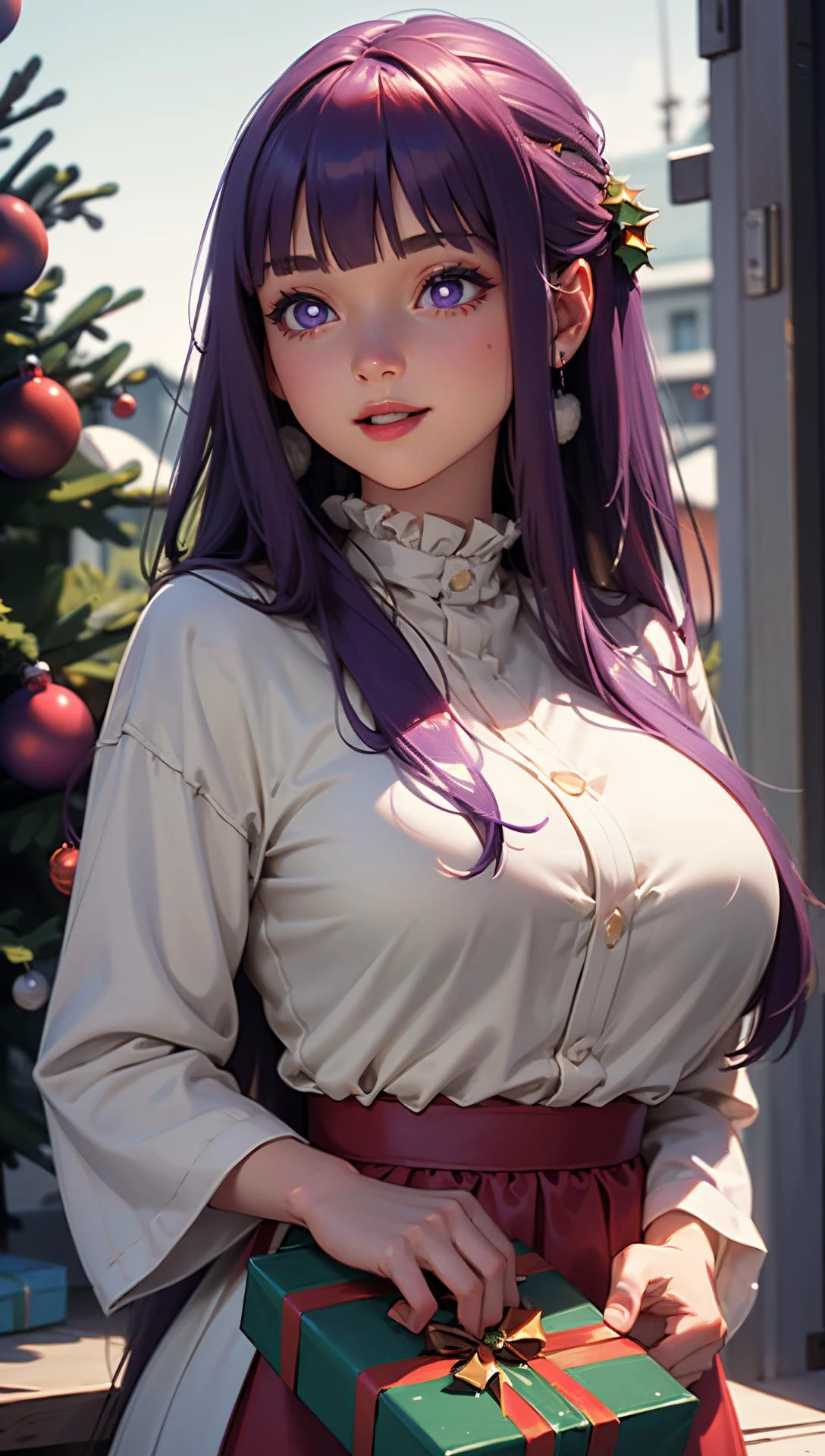 (8K, Masterpiece, RAW photo, Best quality, detail:1.2), Photorealistic, Extremely detailed Cg Unity 8K wallpaper, Depth of field, Cinematic light, Lens flare, Ray tracing, (Extremely beautiful face, Beautiful lips, Beautiful eyes), intricate detail face, ((ultra detailed skin)),1girl, <lora:CHAR-Fern:1> FernFrieren, purple hair, purple eyes, (purple pupils), very long hair, wide hips, large breasts, ((christmas clothes:1.2)), parted bangs, smirk, smile, laughing, Santa Claus costume, bag full of gift, christmas tree,