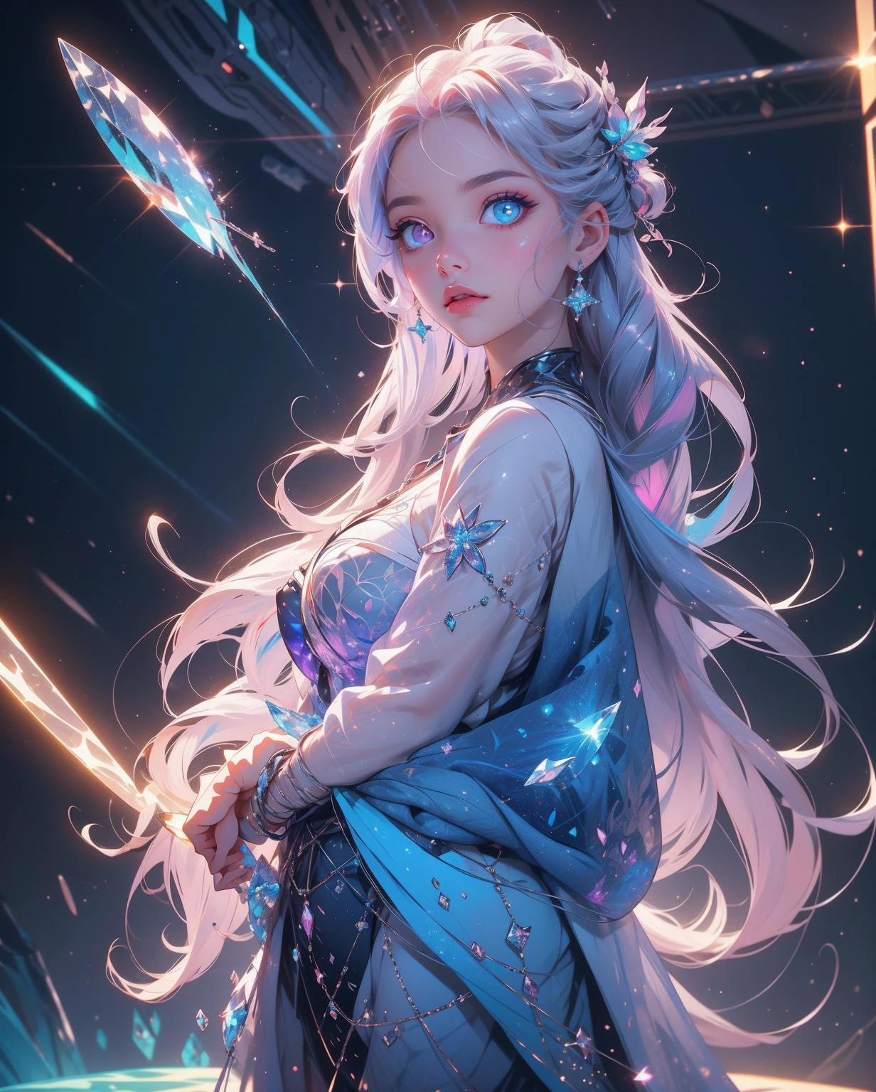 A girl in space captivates with her ((heterochromatic eyes)), each iris displaying a unique and enchanting color combination. Her eyes shimmer like celestial gems, reflecting the wonders of the cosmos. The illustrative style takes inspiration from the ethereal works of Jasmine Becket-Griffith, known for her enchanting and fantastical character illustrations. The color palette combines celestial shades of blues, purples, and hints of stardust-like glimmers. The camera angle captures the girl in a contemplative gaze, highlighting the mesmerizing beauty of her heterochromatic eyes amidst the vastness of space.,