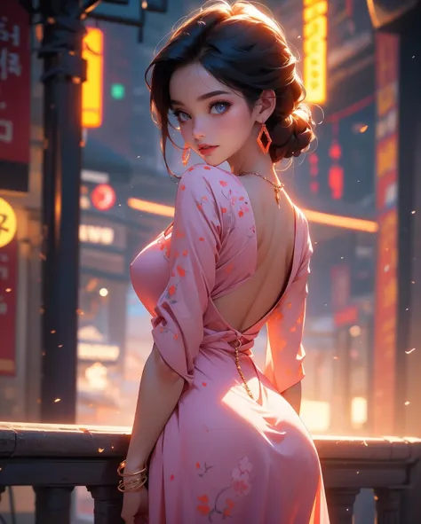 8K,  Masterpiece,  RAW photo,  Best quality,  detail:1.2), Photorealistic,  Extremely detailed Cg Unity 8K wallpaper,  Depth of field,  Cinematic light,  Lens flare,  Ray tracing,  (Extremely beautiful face,  Beautiful lips,  Beautiful eyes),  intricate detail face,  ((ultra detailed skin)) 1girll,  In the dark,  deepshadow,  Pretty Korean girl,  Kpop idol, (Very slim and slender muscular body:1.3),  ((view the viewer)), (Big smile),  (bodycon minidress), (Pink dress),  (Injection sleeve),  (City Night,  (neon lights sign),  (Night),  Pretty Korean girl,  Earrings,  bangle,  necklace,  Pantyhose,  Clear eyes,  Walking,  (Pale skin),  Face forward,  (Big eyes),  ((upperbody shots)),  tightly dress,  Silk dress,  Turn Back,  Back shot,  Very slim,  slander