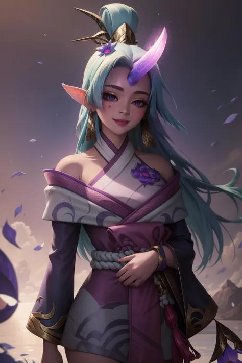 (masterpiece, best quality:1.2), intricate details, <lyco:GoodHands-beta2:1>, <lora:spirit_blossom_soraka-000015:1>, spirit blossom soraka, 1girl, purple skin, colored skin, single horn, kimono, hair ornament, bare shoulders, long hair, smile