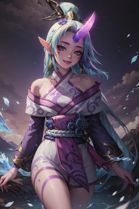 (masterpiece, best quality:1.2), intricate details, <lyco:GoodHands-beta2:1>, <lora:spirit_blossom_soraka-000015:1>, spirit blossom soraka, 1girl, purple skin, colored skin, single horn, kimono, hair ornament, bare shoulders, long hair, smile
