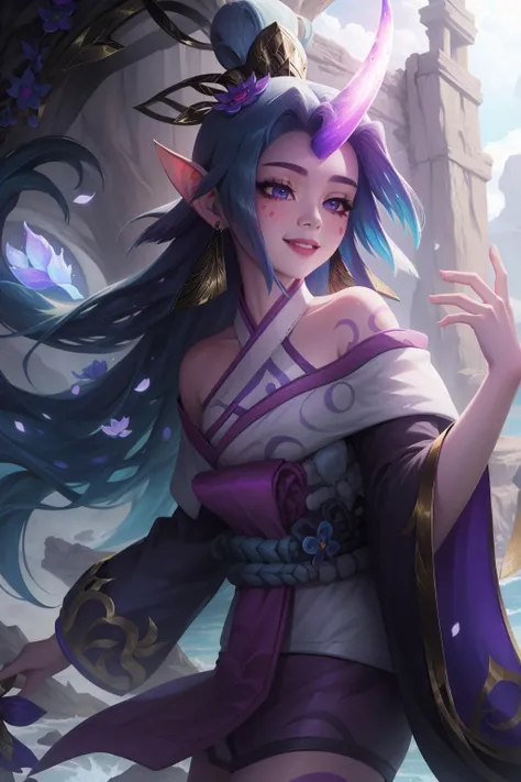 (masterpiece, best quality:1.2), intricate details, <lyco:GoodHands-beta2:1>, <lora:spirit_blossom_soraka-000015:1>, spirit blossom soraka, 1girl, purple skin, colored skin, single horn, kimono, hair ornament, bare shoulders, long hair, smile