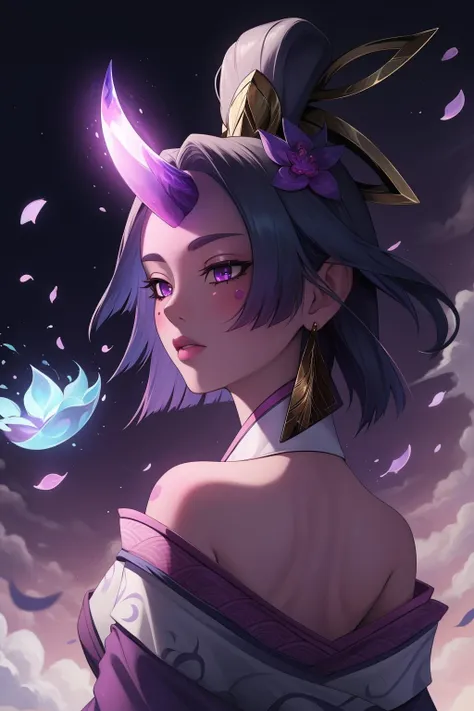 (masterpiece, best quality:1.2), intricate details, <lyco:GoodHands-beta2:1>, <lora:spirit_blossom_soraka-000015:1>, spirit blossom soraka, 1girl, purple skin, colored skin, single horn, kimono, hair ornament, bare shoulders