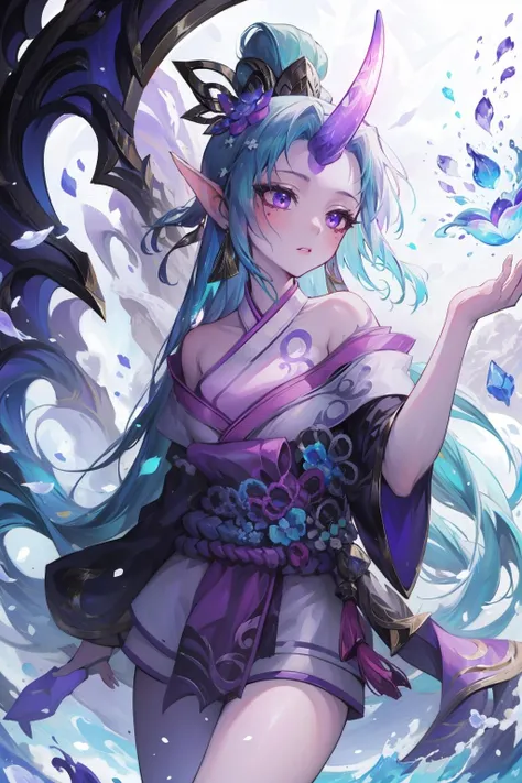 (masterpiece, best quality:1.2), intricate details, <lyco:GoodHands-beta2:1>, <lora:spirit_blossom_soraka-000015:1>, spirit blossom soraka, 1girl, purple skin, colored skin, kimono, single horn, hair ornament, bare shoulders